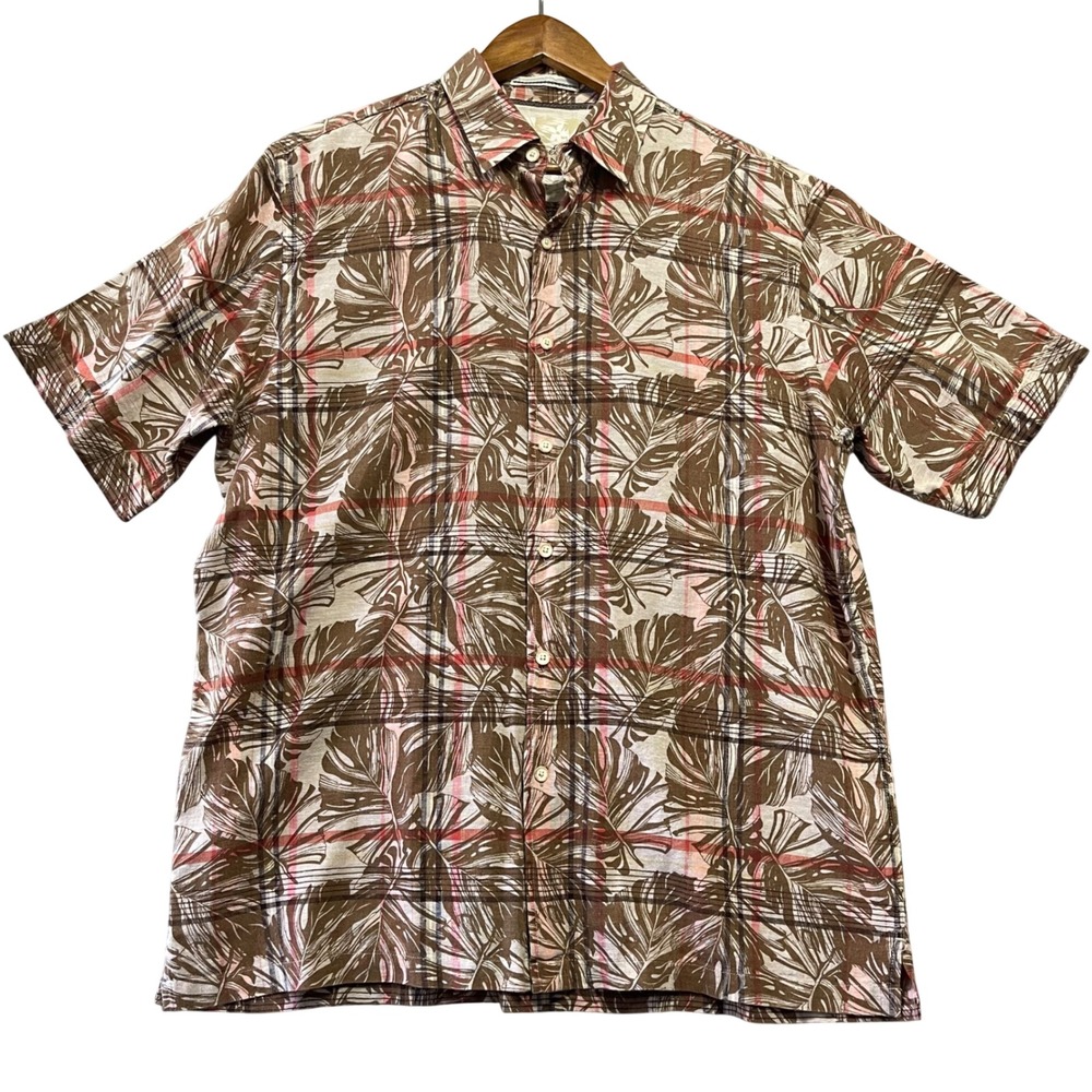 Tasso Elba Island Shirt Mens M Brown Tropical Plaid Linen Blend Hawaiian Coastal